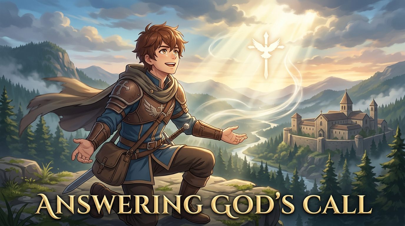 Young armored knight kneeling with arms open toward a glowing symbol in the sky, near a mountain castle