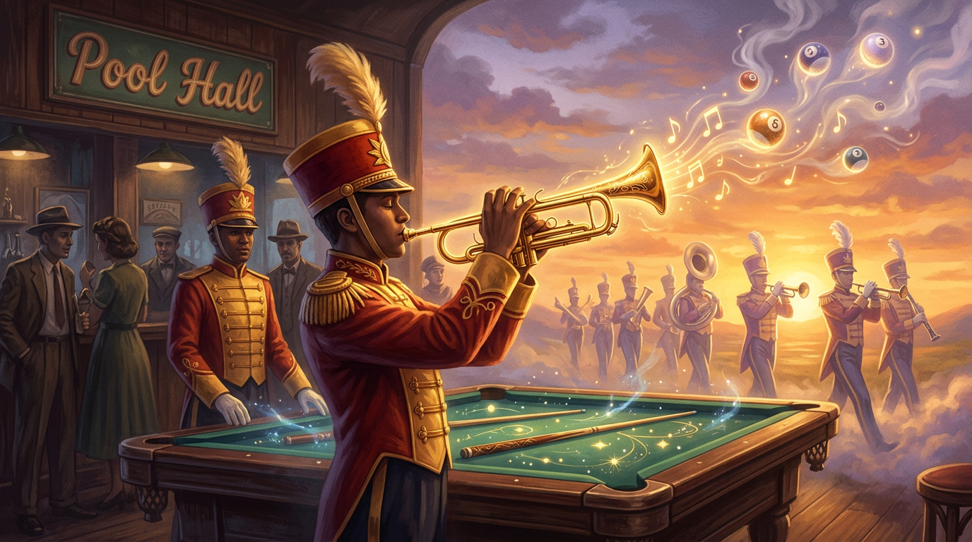 Marching band member in red uniform playing trumpet with floating musical notes and pool balls near pool table